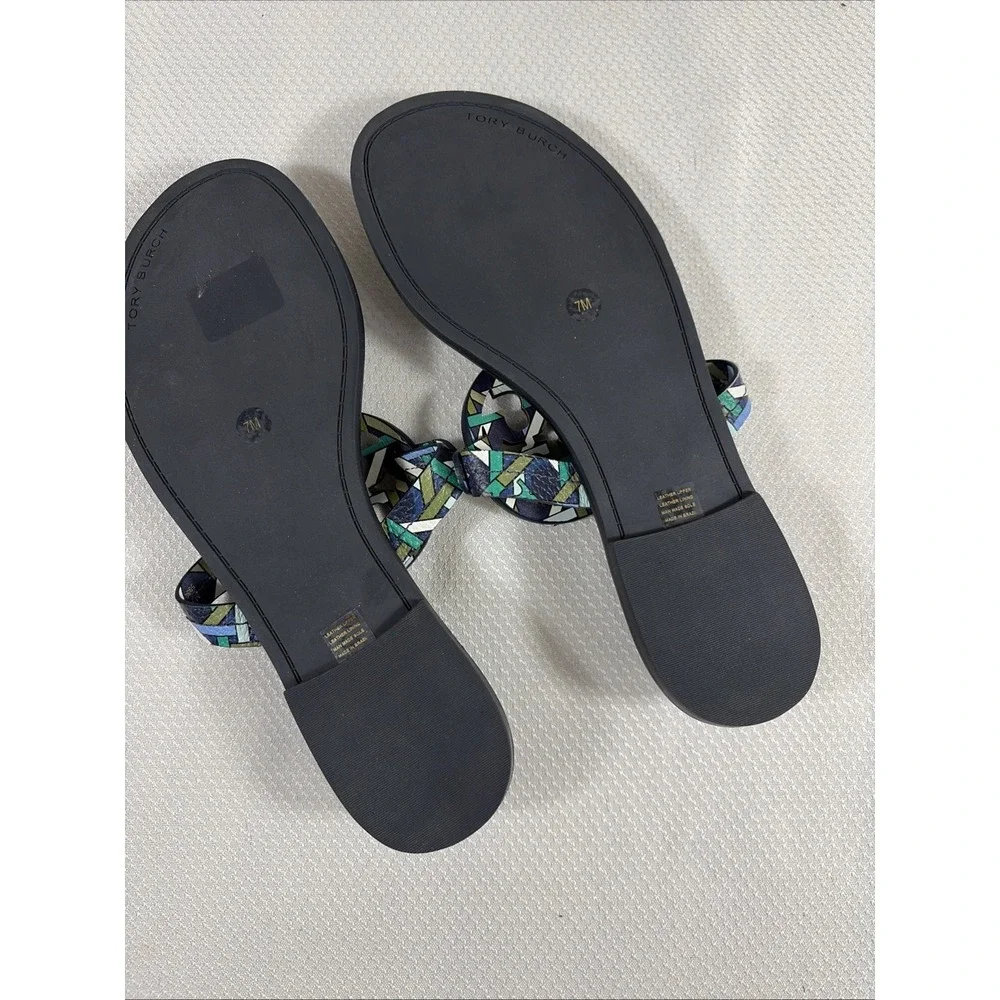 NWOB Tory Burch Miller Welt Navy‎ Green Caning Logo Miller Sandals Sz 7M